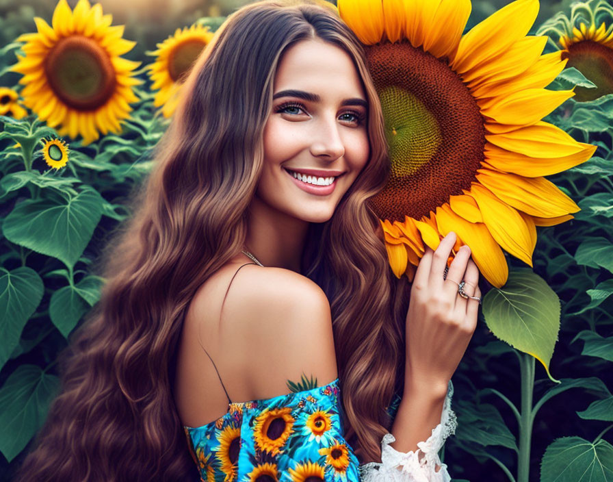 young woman, sunflower in her long hair, smiling, 