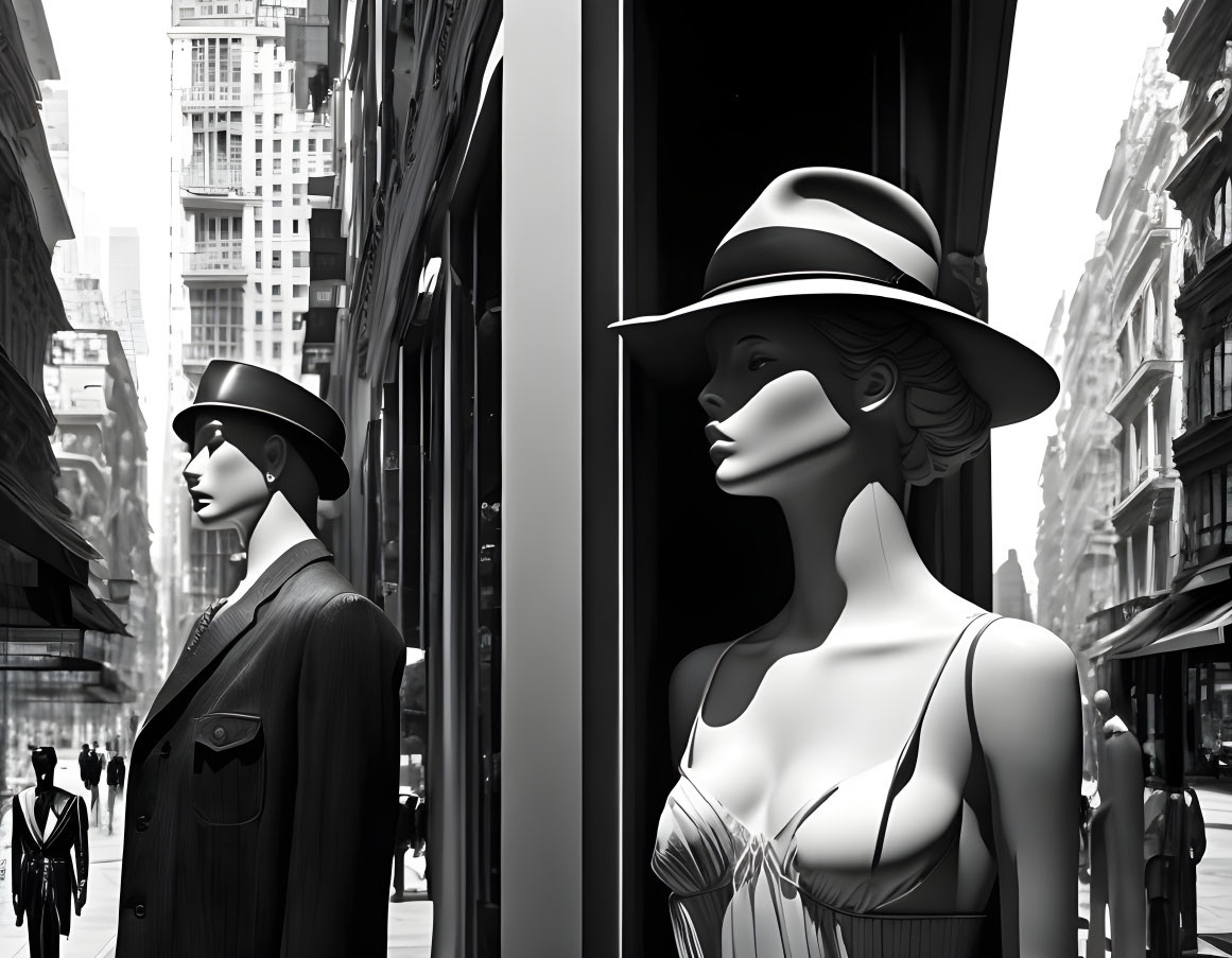 Monochrome art: Vintage-clad mannequins observe city scene