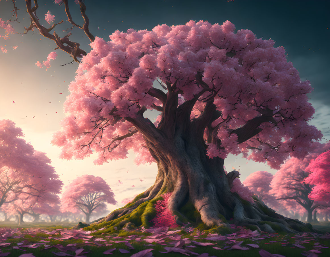Majestic cherry blossom tree in serene grove under glowing sky