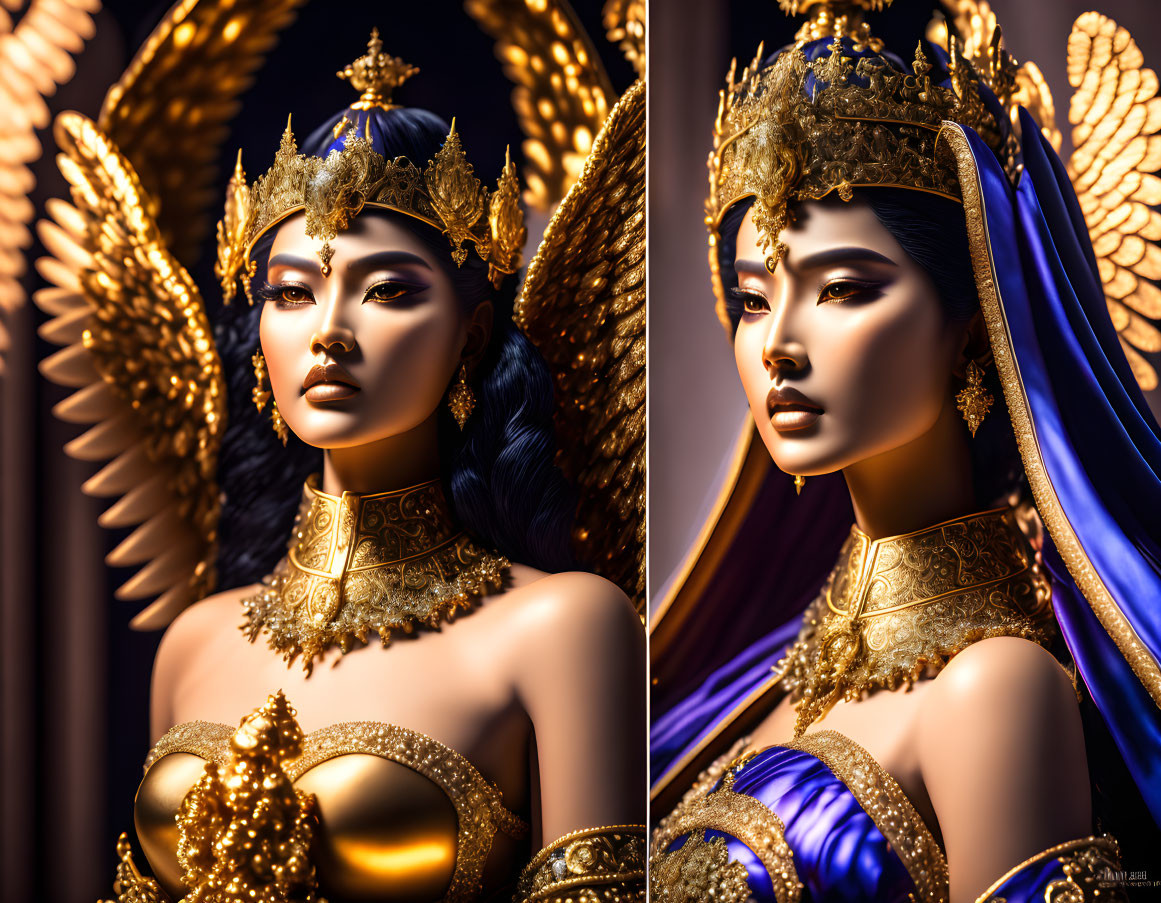Woman in Golden Crown and Angelic Wings with Blue Cape