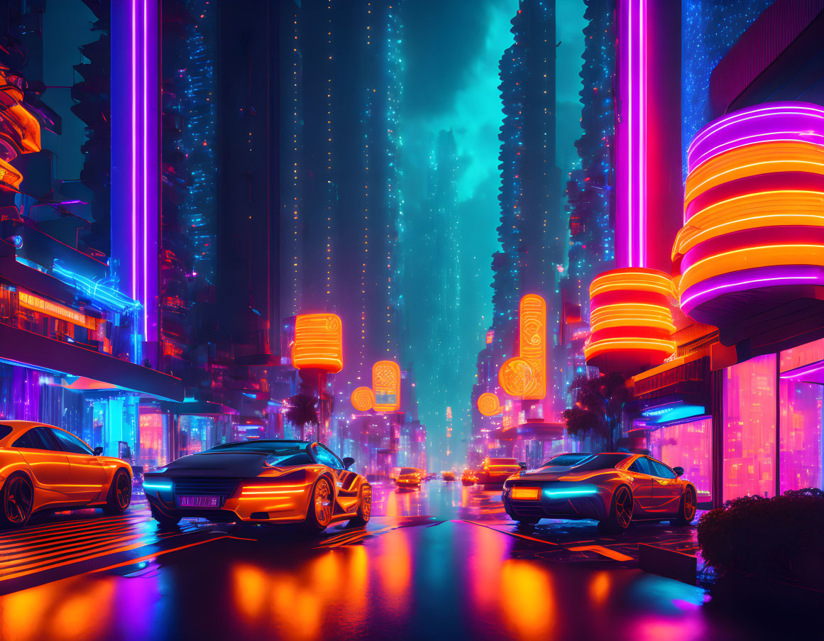 Vibrant neon-lit futuristic cityscape at night with autonomous vehicles and towering skyline