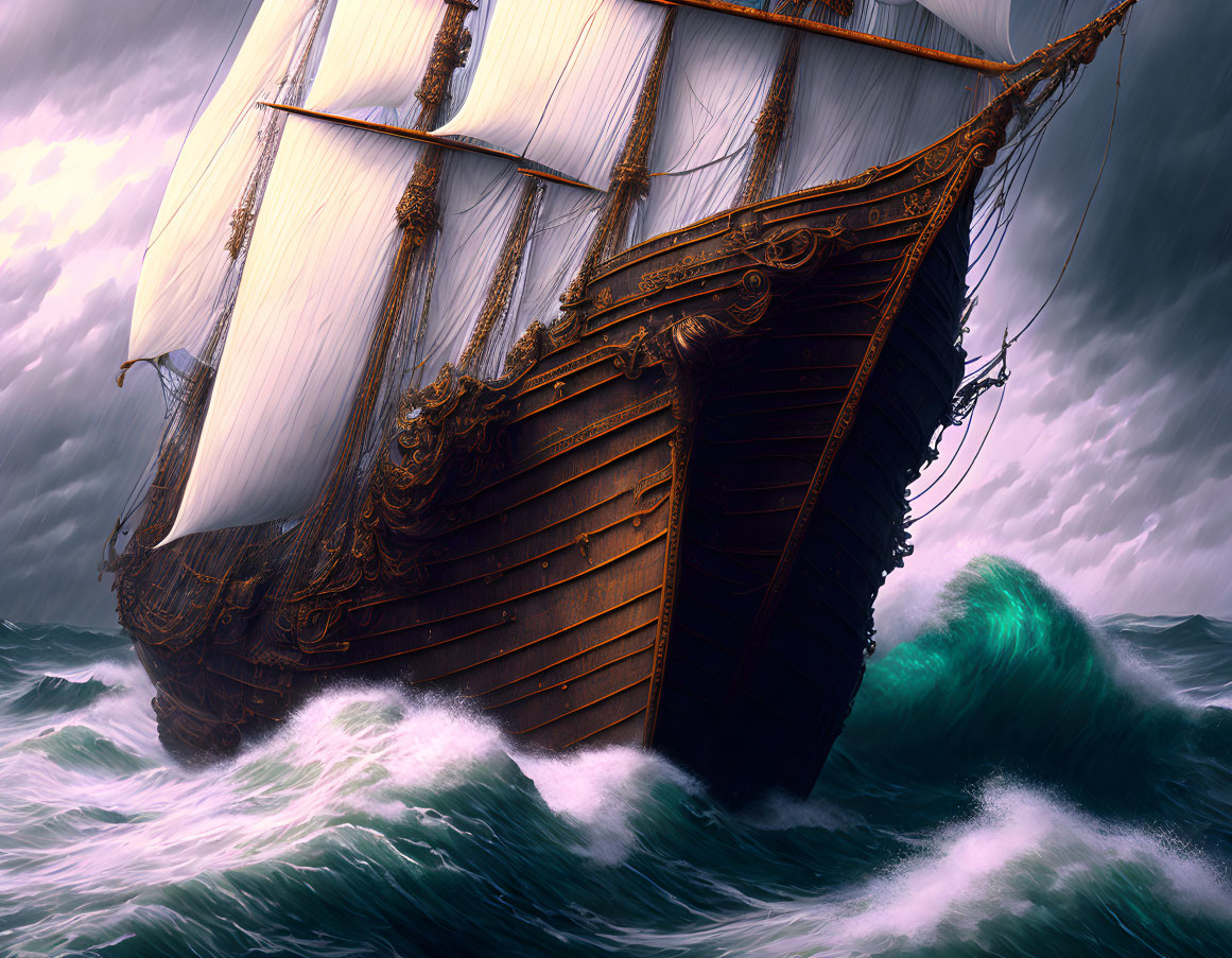 Majestic sailing ship on stormy sea with billowing white sails