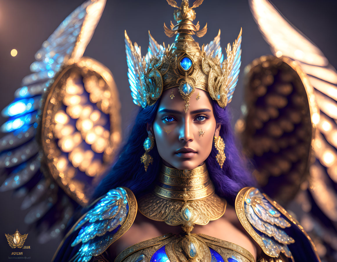 Blue-skinned regal figure in golden armor with ornate wings and gemstone headdress