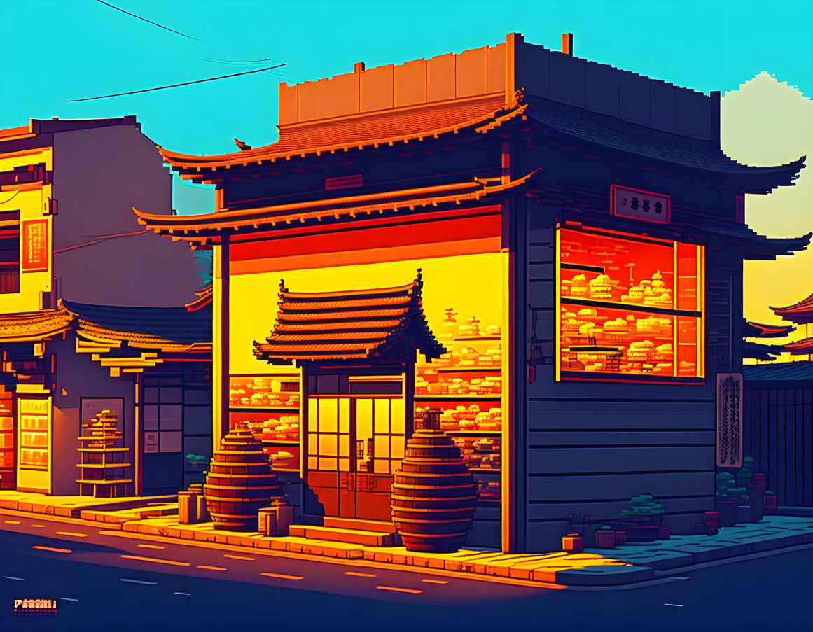 Tranquil street corner with Asian architecture at sunset