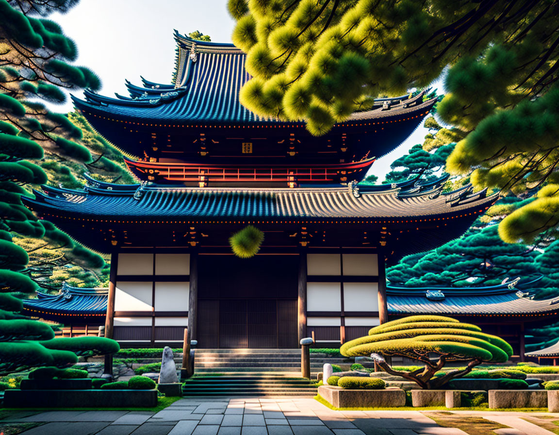 Japanese Temple with Curved Roofline Amid Pine Trees