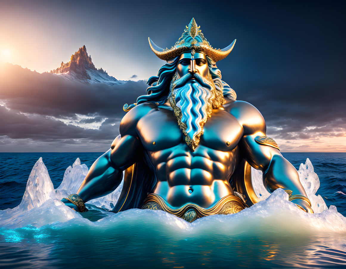 Muscular sea god with trident in icy waters under dramatic sky