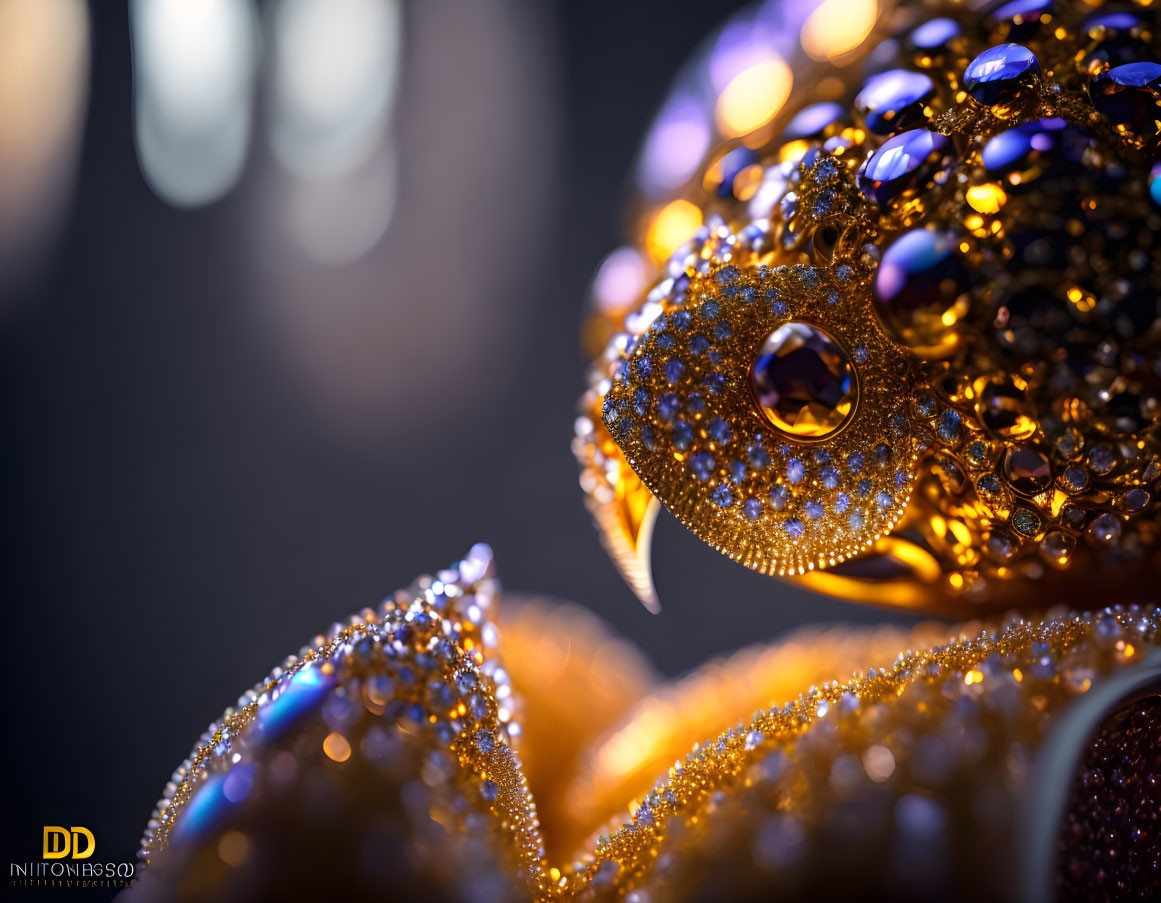 Glittering golden ornament with intricate beadwork and water droplets in soft light reflections