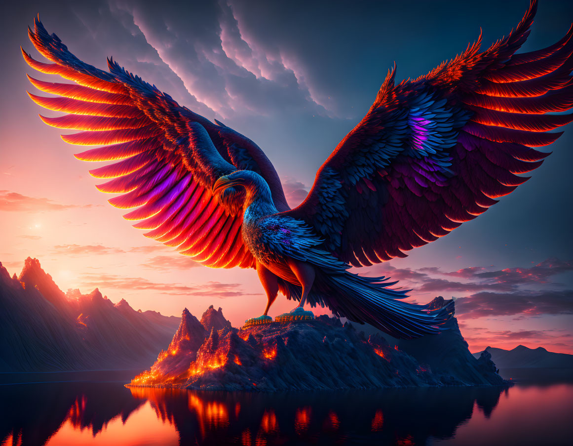 Colorful Giant Bird Flying over Serene Lake at Sunset