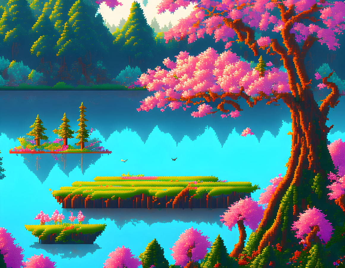 Colorful pixel art landscape with pink tree, lake, islands, pier, and birds