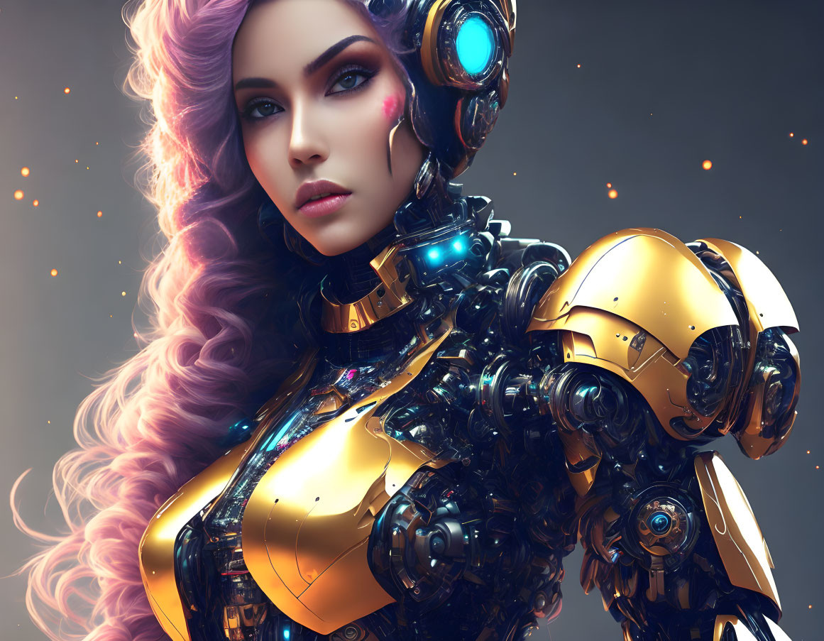 Female cyborg with purple hair and luminous blue eyes in gold and black armor