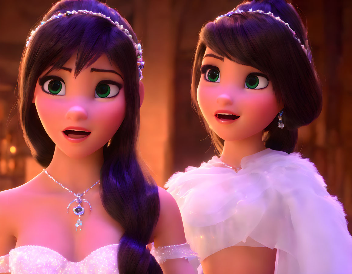 Two female characters in tiaras and elegant dresses in dimly lit hall