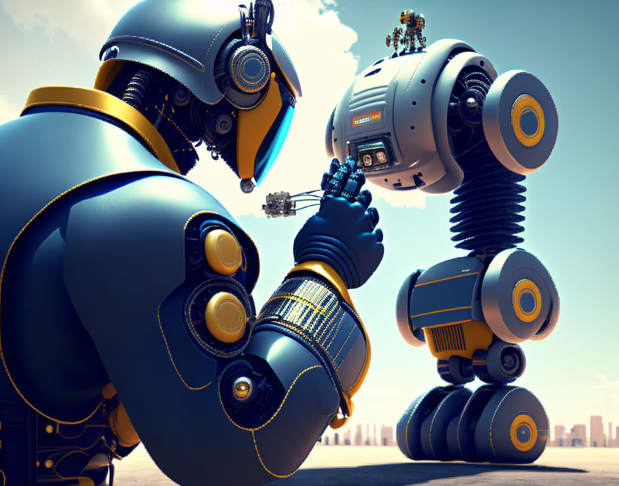 Blue and yellow futuristic robots in cityscape interaction