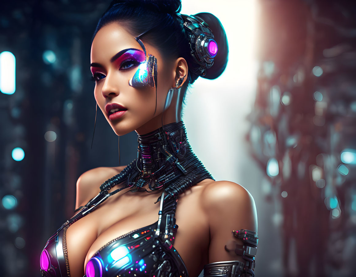 Futuristic female model with cybernetic enhancements and glowing makeup