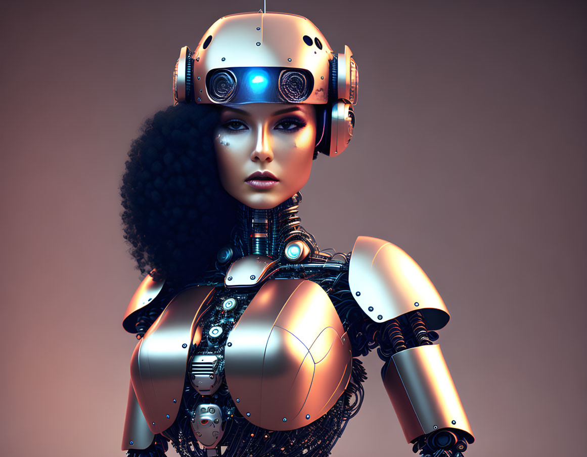 Detailed 3D illustration of female robot in futuristic armor and helmet