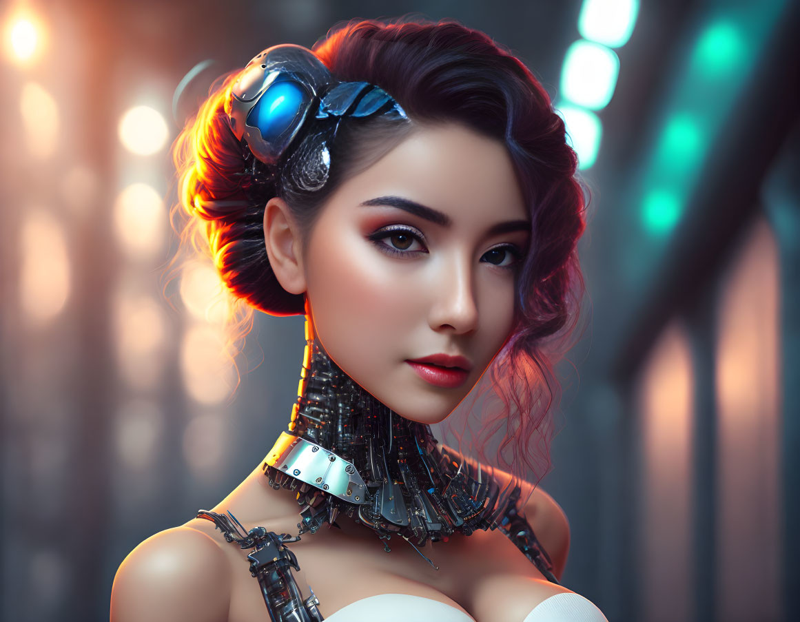 Futuristic woman with cybernetic enhancements in neon-lit setting