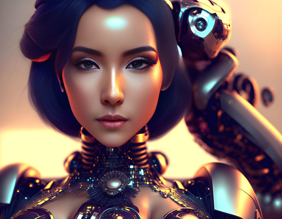 Female humanoid robot with sleek design and advanced mechanical details