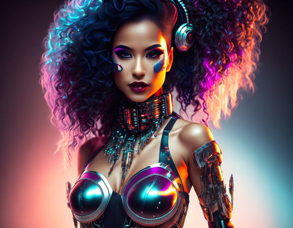 Female model in cyberpunk-themed attire with neon makeup, robotic arm, and futuristic headphones on colorful backdrop