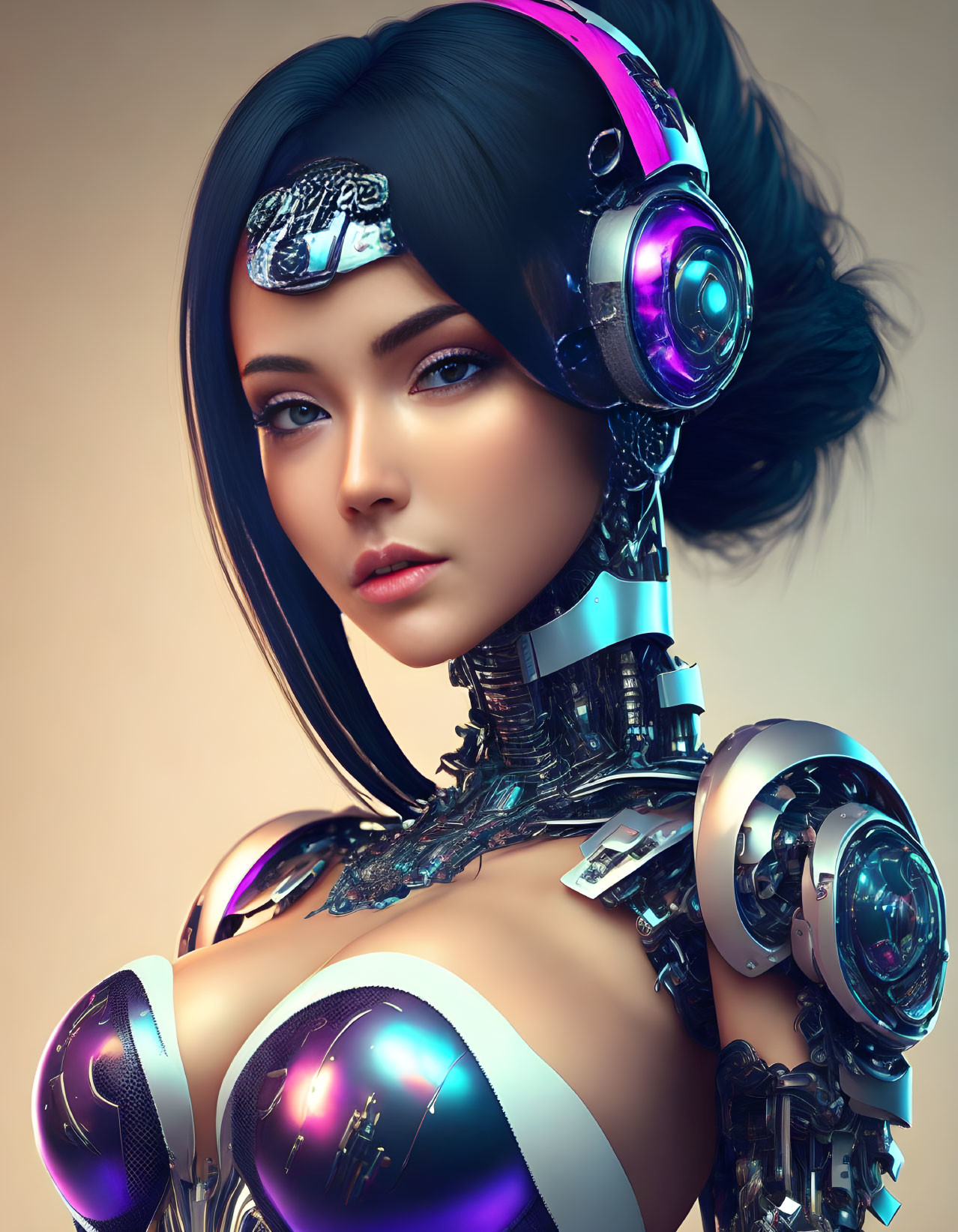 Female android digital art with intricate mechanical neck and shoulders and futuristic headphones on tan background