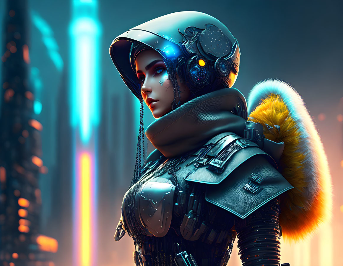 Futuristic female warrior in advanced armor and glowing helmet against neon-lit cityscape