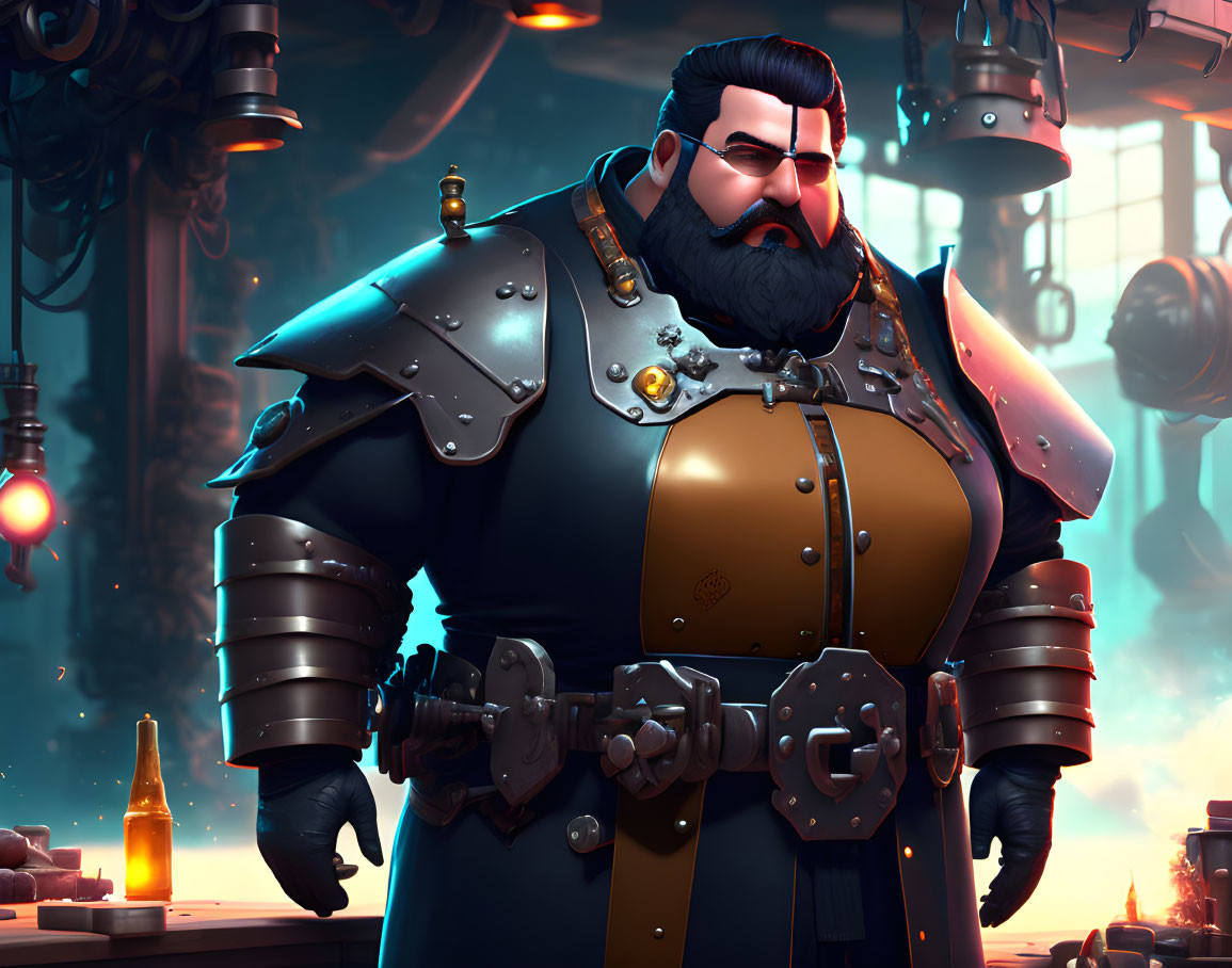 Animated character with majestic beard in armor and metallic shoulder plates in workshop setting