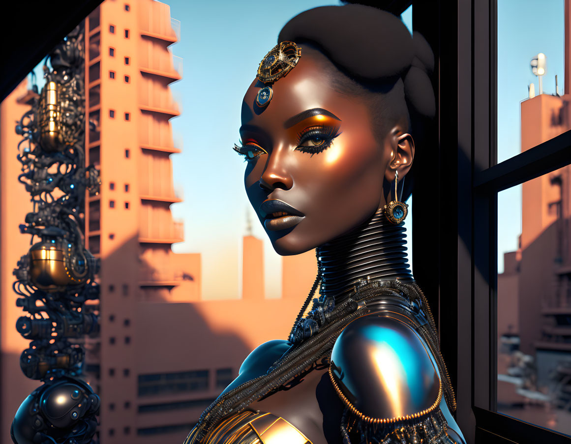 Futuristic female android with metallic skin gazes at cityscape at sunset