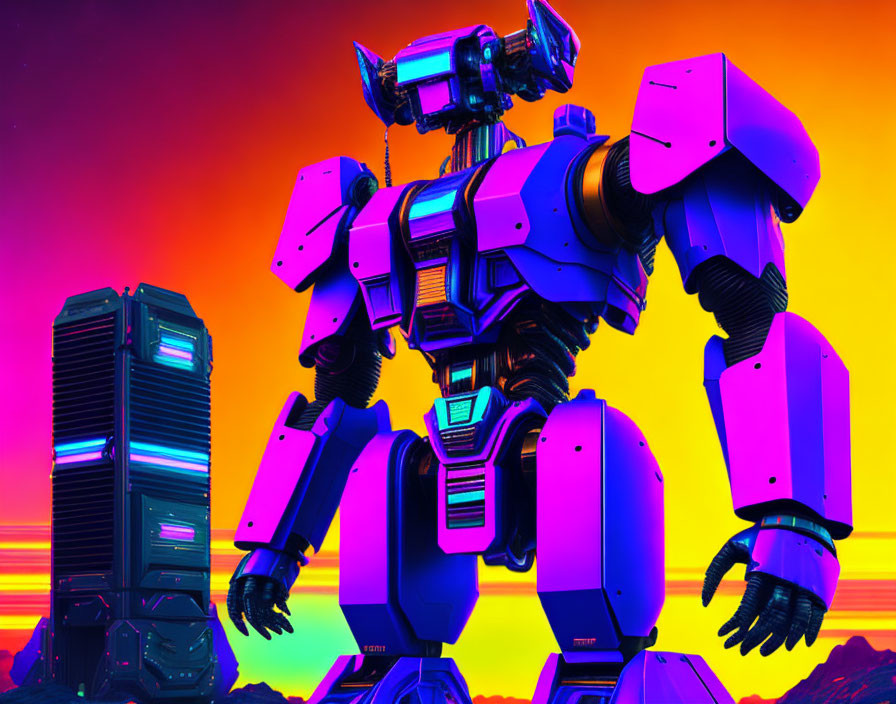Colorful Blue and Purple Robot in Neon Sunset Sky
