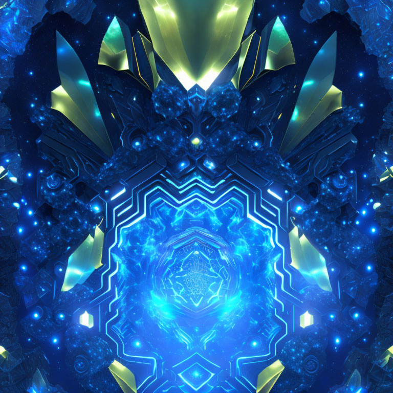 Symmetrical fractal digital art: Vibrant blue and yellow patterns resembling futuristic portal