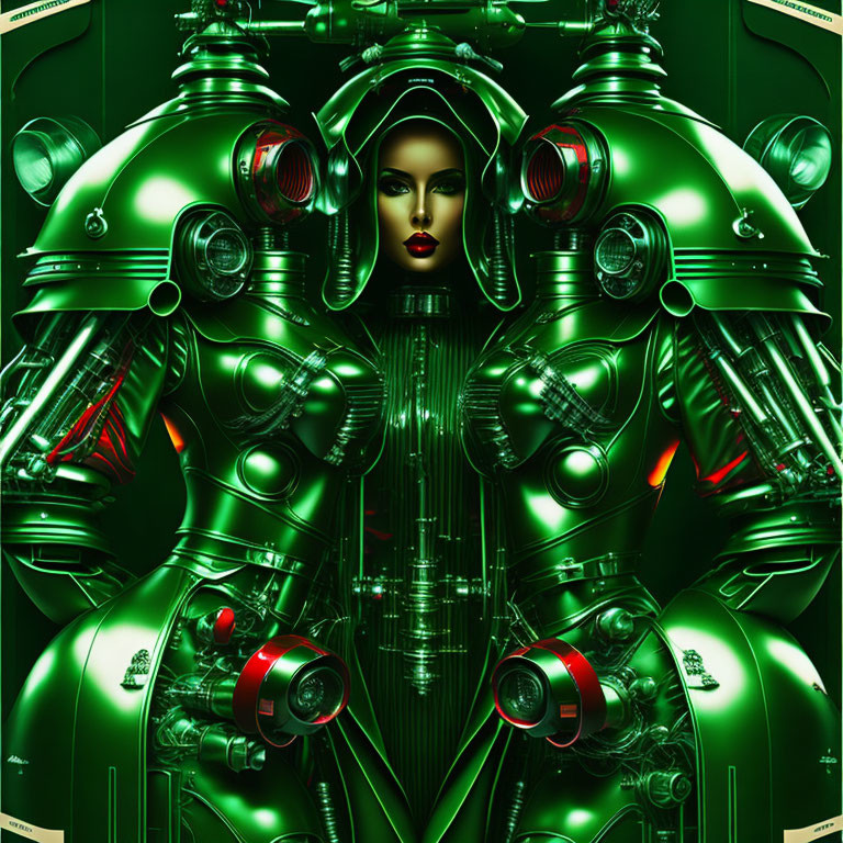 Symmetrical artwork of woman's face surrounded by metallic green mechanical structures