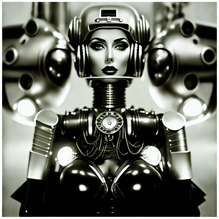 Monochrome stylized female robot with retro-futuristic design