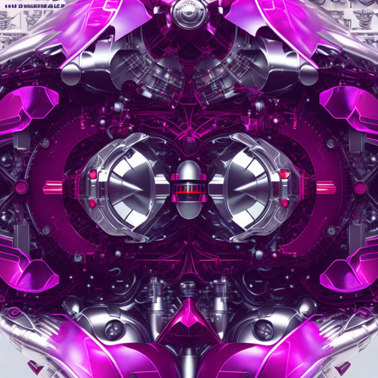 Symmetrical Purple and Silver Abstract Artwork with Mechanical Elements