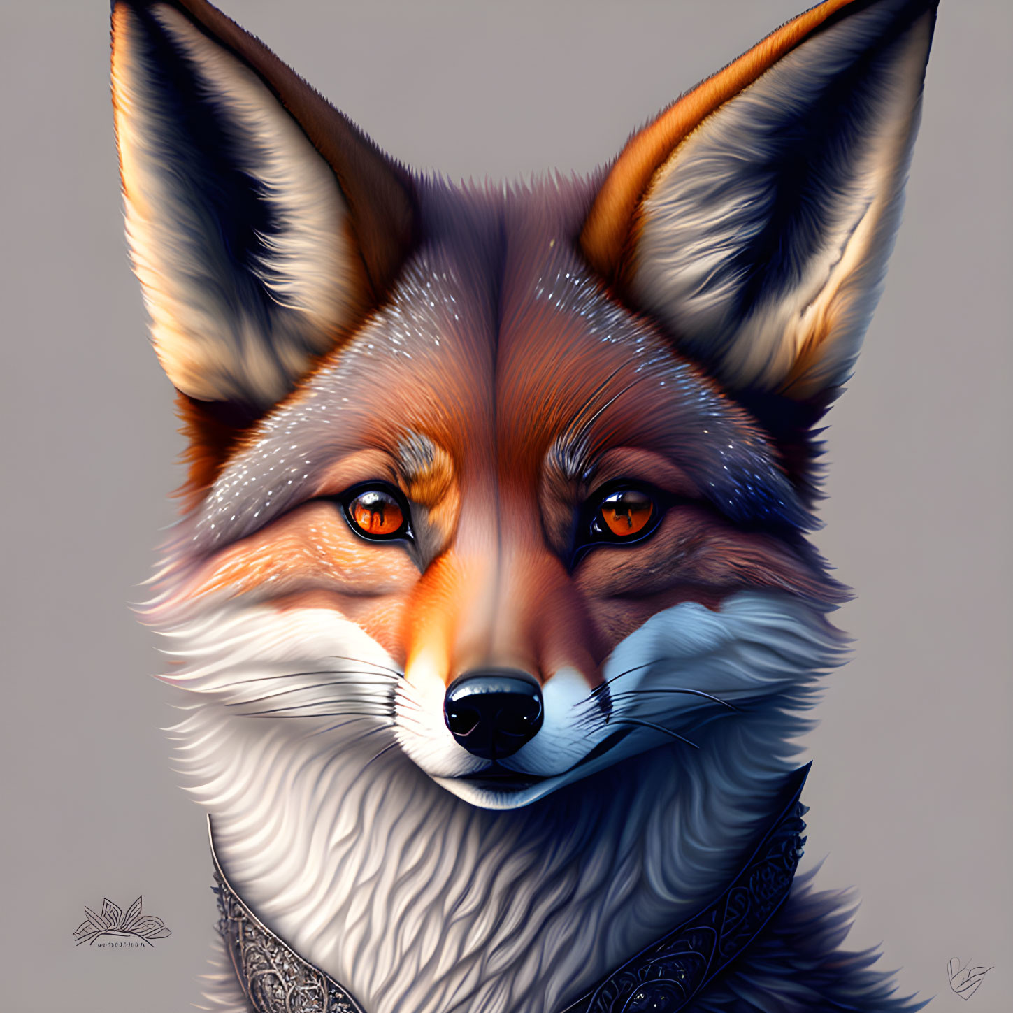 Detailed Fox Illustration with Orange Eyes and Bandana: Realistic Fur Texture and Shading