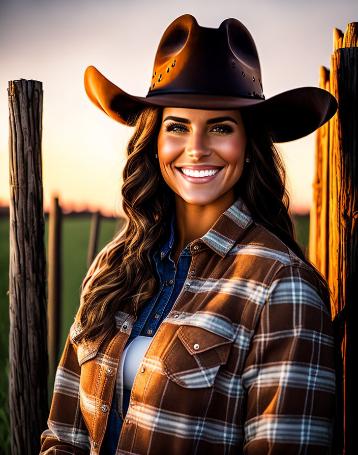 Smiling woman in cowboy hat and plaid shirt by wooden fence at sunset