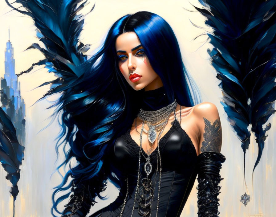 Digital art: Woman with blue hair, black attire, wings, and futuristic cityscape.