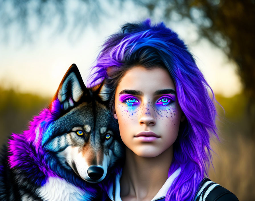 Woman with Purple Hair and Wolf in Matching Colors in Natural Setting