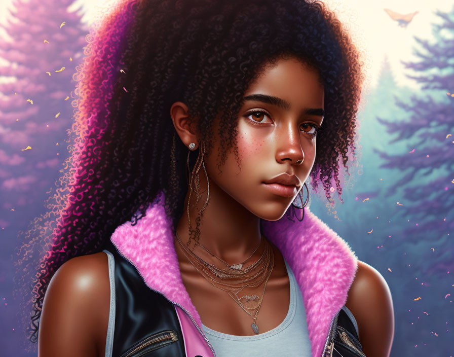 Digital portrait: Young woman with curly hair in tank top and leather jacket with pink fur collar, hoop