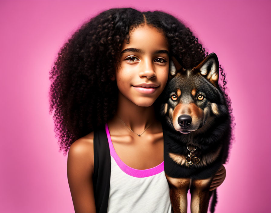 Curly-Haired Girl Smiling with Dog on Pink Background