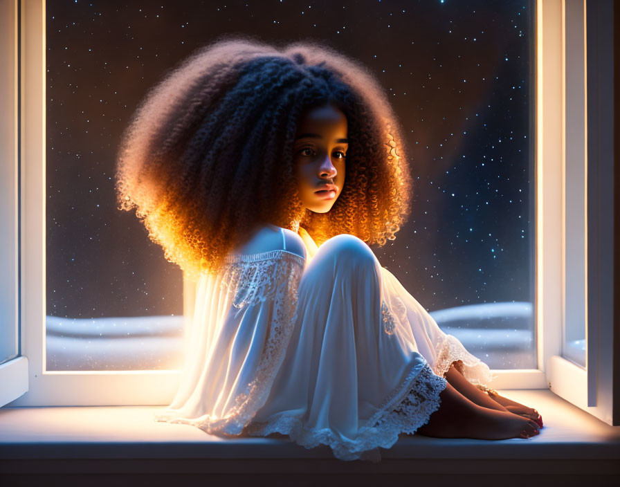 Young girl with curly hair gazes at starry night from windowsill