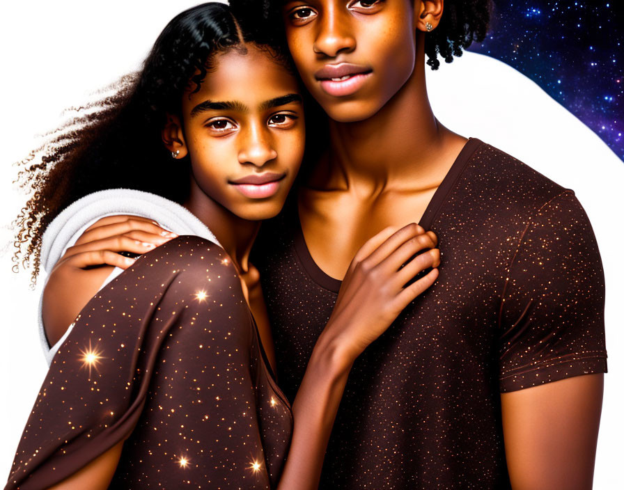 Cosmic-themed portrait of two individuals embracing against starry background