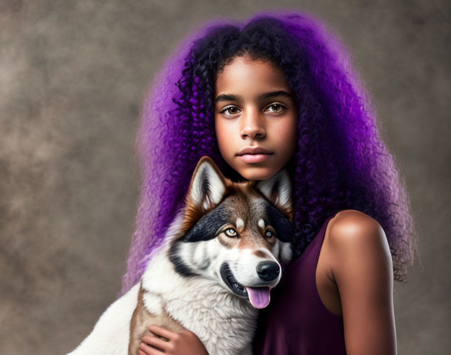 Young girl with curly purple hair embracing husky dog on brown background