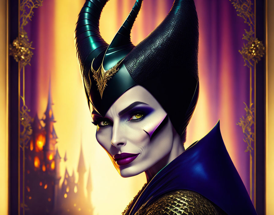 Stylized female character with horns in a villainous pose on golden background