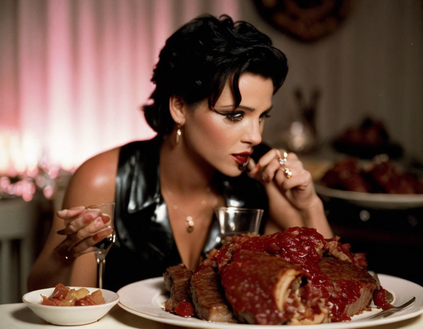 Woman with Short Black Hair Eating Spaghetti in Elegant Ambiance