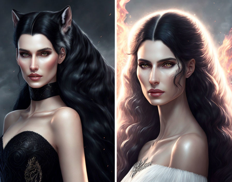 Dual portraits of a woman with cat-like ears in dark and fiery themes