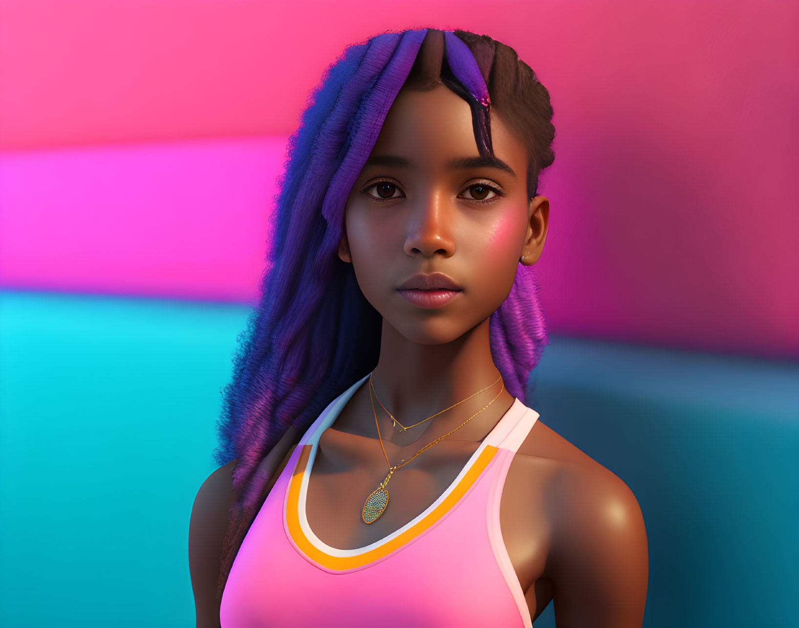Colorful digital illustration: Young girl with purple braided hair in white tank top with yellow and pink