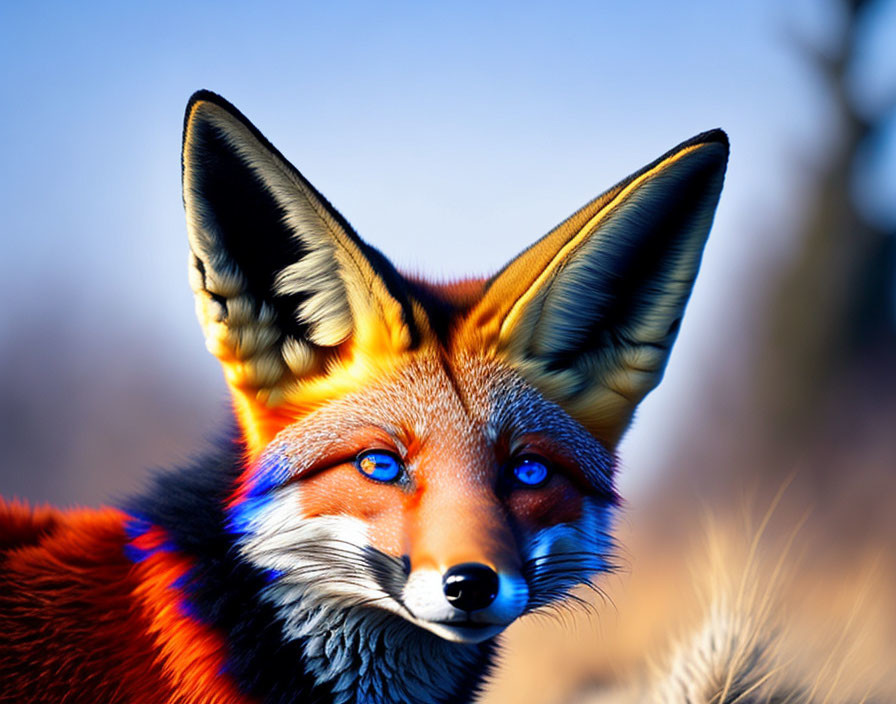 Vividly colored fox with large ears and blue eyes in nature scene