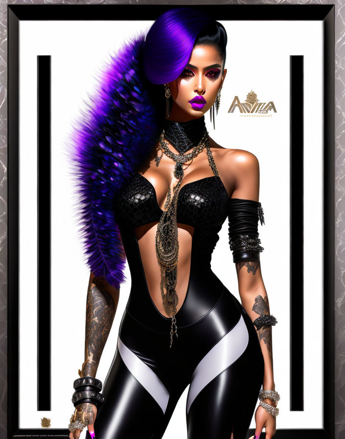 Colorful Illustration of Woman with Purple Hair and Tattoos in Bodysuit