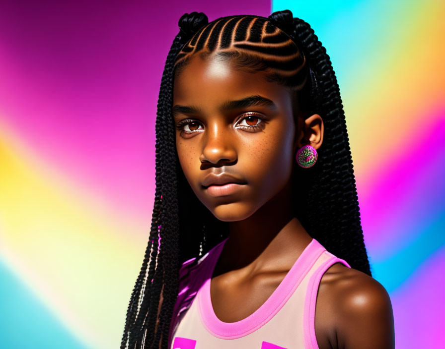 Girl with Cornrow Braids in Pink Top on Vibrant Background