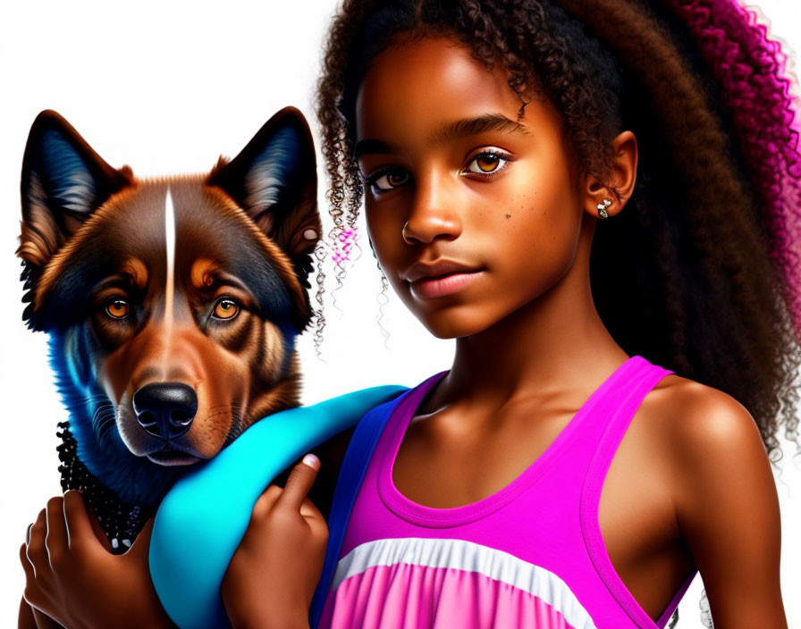 Girl in pink top with blue frisbee and dog in brown and black colors.