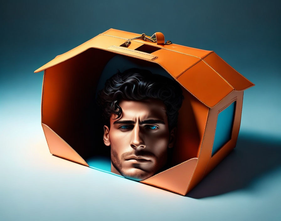 Stylized illustration: Man's face in orange handbag on blue background