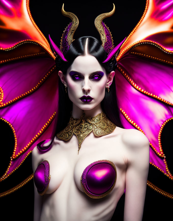 Fantasy makeup look with horns, gold jewelry, and purple wings.