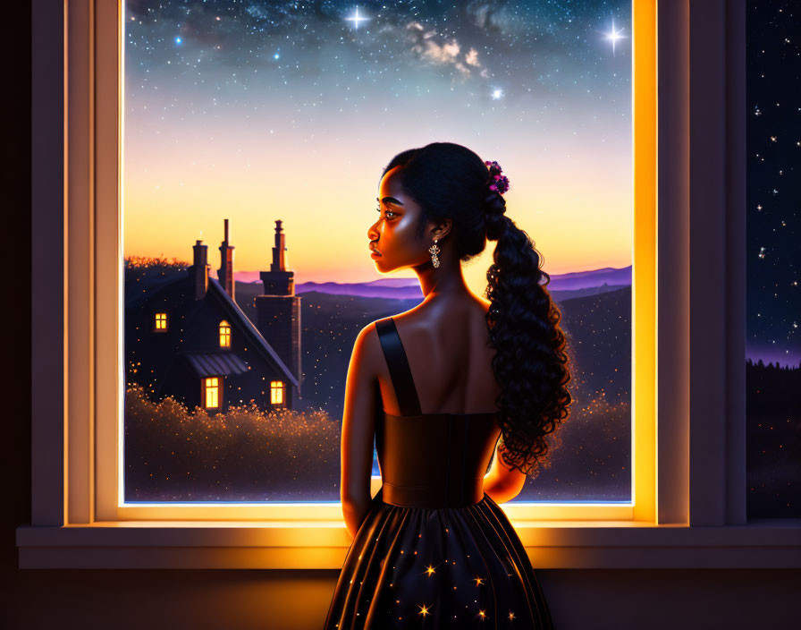 Woman in Star-Patterned Dress Looking Out Window at Twilight Sky